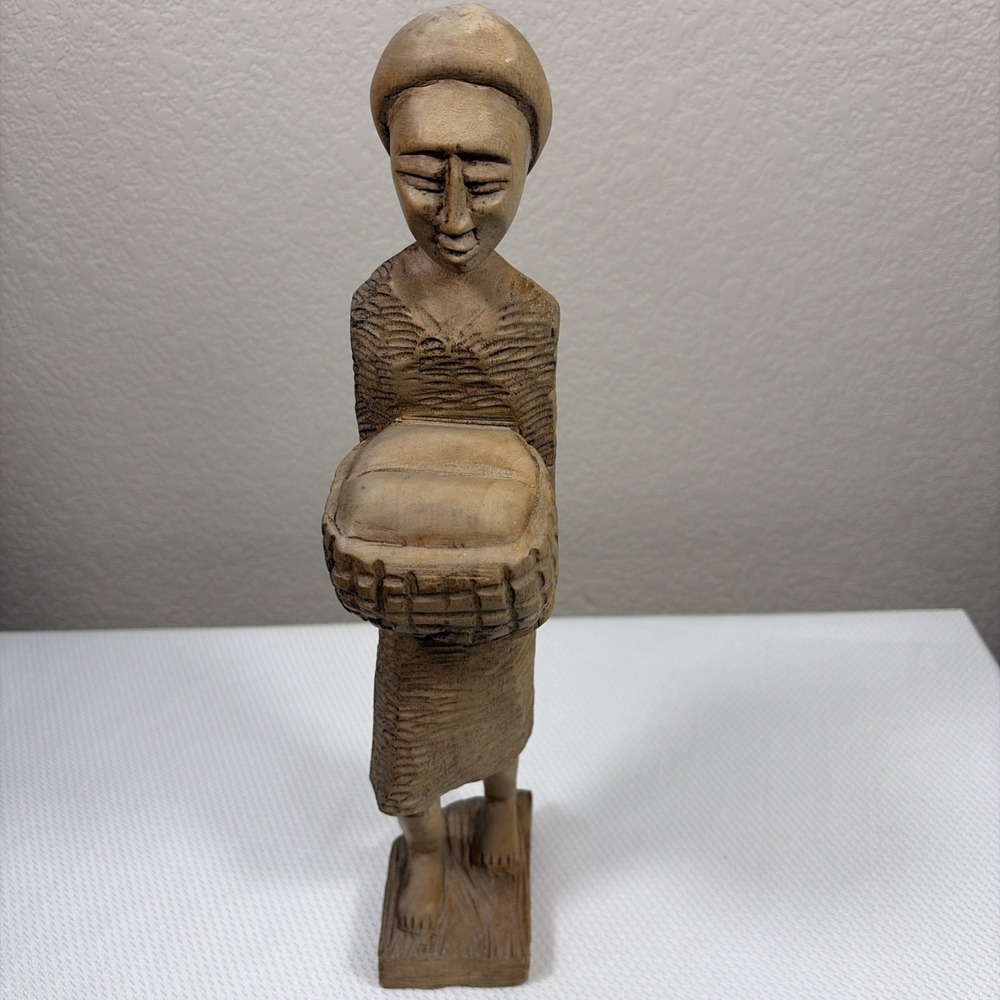 Vintage African Wood Carving. Woman Carrying a Basket . 13" Tall.